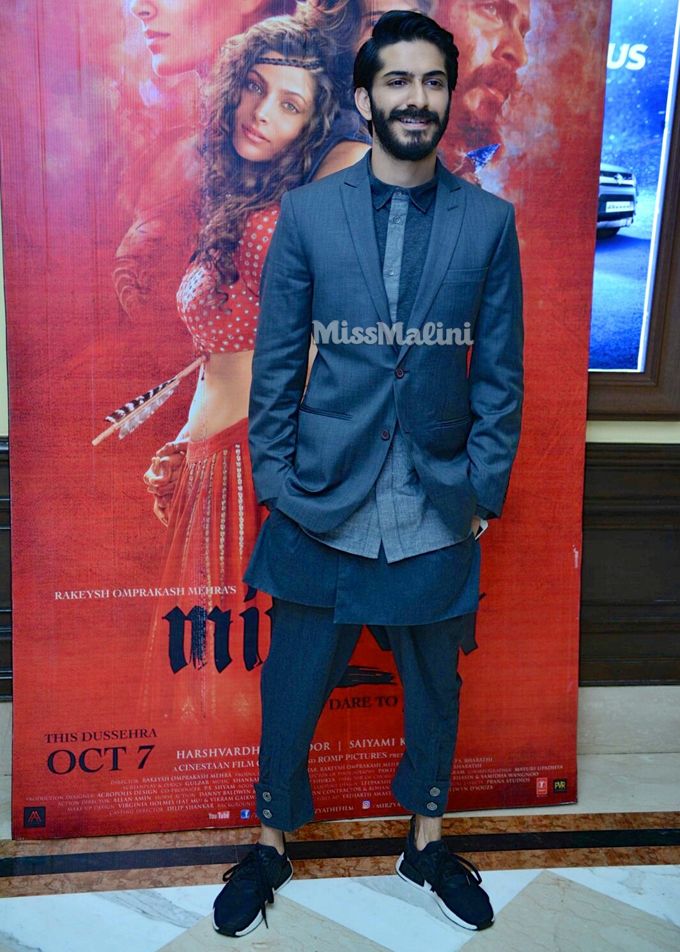 Harshvardhan Kapoor in Raghavendra Rathore, Vaibhav Singh and adidas NMD R1 Primeknit ‘Reflective Pack’ Core Black sneakers during the Mirzya second trailer launch in Delhi (Photo courtesy | Viral Bhayani)