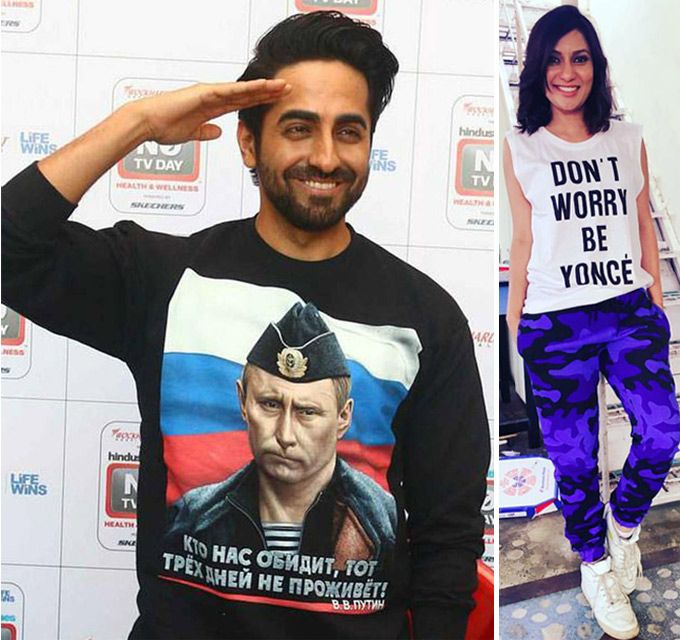 Army Vibes: Ayushmann Khuranna in a army themed graphic tee and MissMalini in a pair of camouflage joggers by BandraRoad.