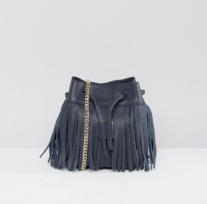 Asos Whistles Micro Sidney Fringe Leather Pouch Bag in Navy