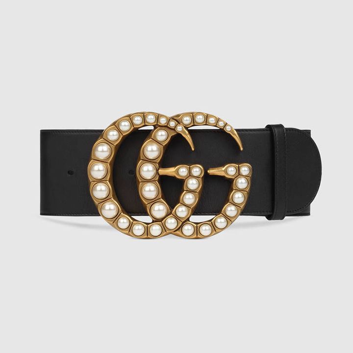 Gucci Wide Leather Belt with Pearls