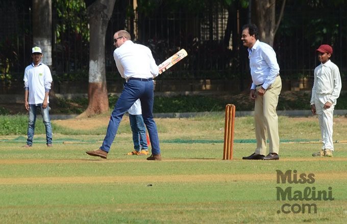 The Duke of Cambridge playing cricket at Oval Maidan in Mumbai