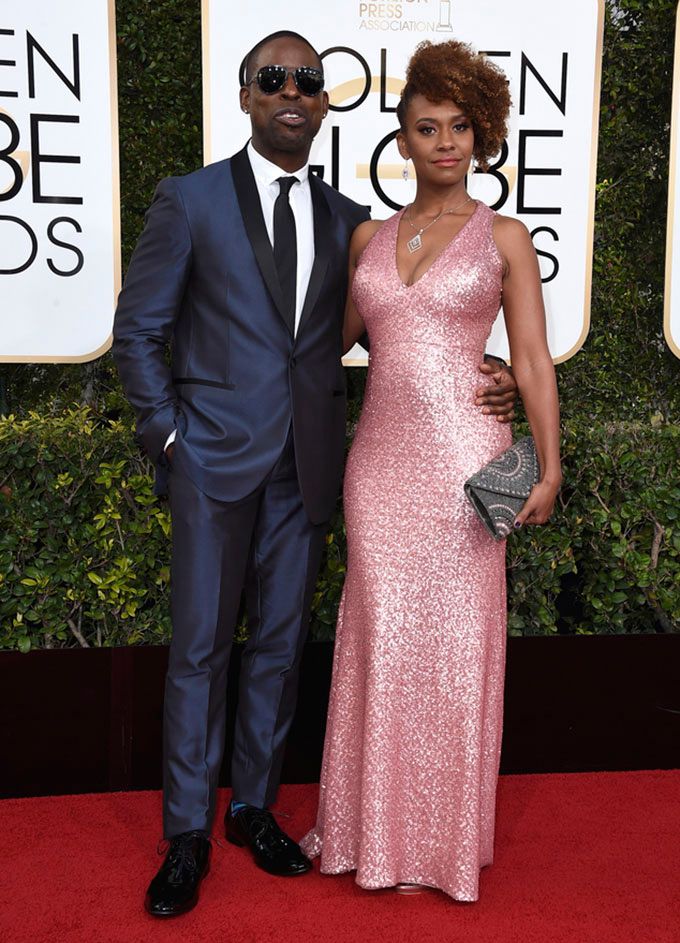 Sterling K Brown in Kenneth Cole (with his wife Michelle in a David Meister gown) | Image Source: dailymail.co.uk