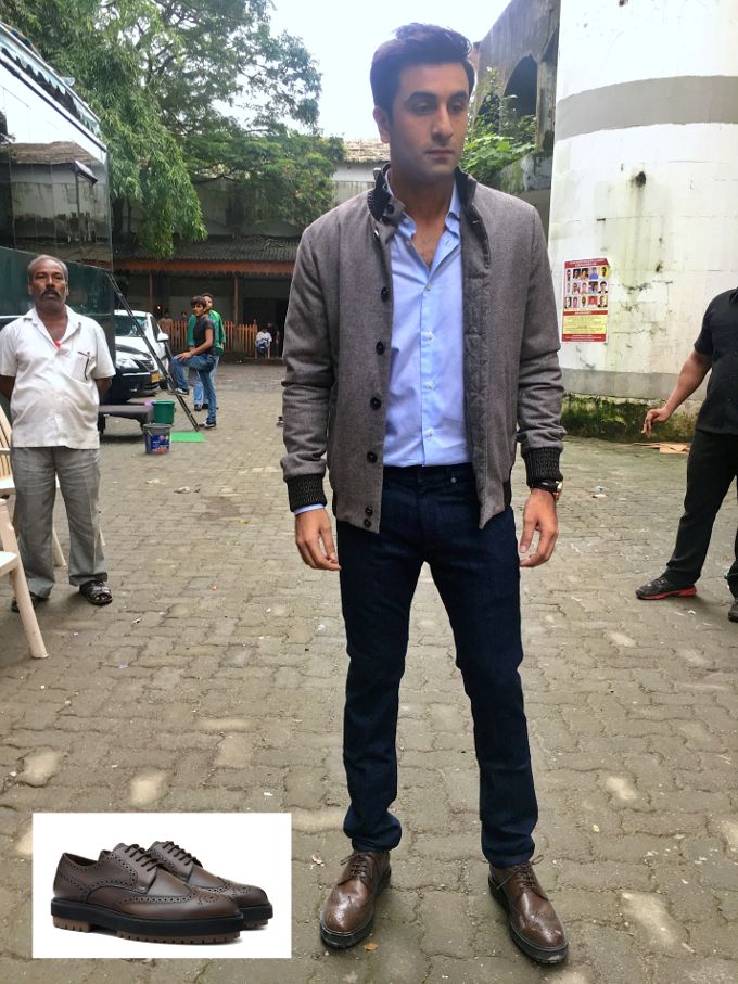 Ranbir Kapoor in Corneliani jacket, Ermenegildo Zegna shirt, Neil Barrett jeans and Tod’s leather wingtip brogues during Ae Dil Hai Mushkil promotions