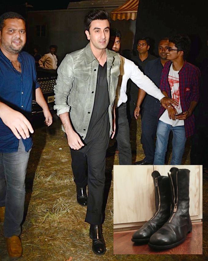 Ranbir Kapoor in Andrea Ya’aqov jacket, Lost & Found Ria Dunn T-shirt, Rajesh Pratap Singh trousers and Guidi boots during Ae Dil Hai Mushkil promotions at the Close-Up First Move Party 2016