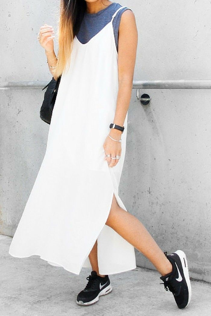 A slip dress is perfect for the summer. Wear it with a muscle tank underneath your dress and finish the look with a pair of comfy sneakers. Pic: maven46.tumblr.c
