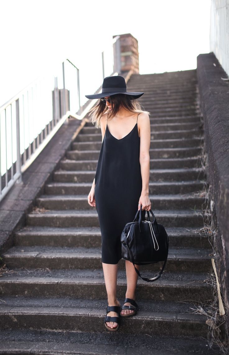 Go all black with a simple slip dress, black sandals, a black bag and a hat (optional). Pic: pintrest.com
