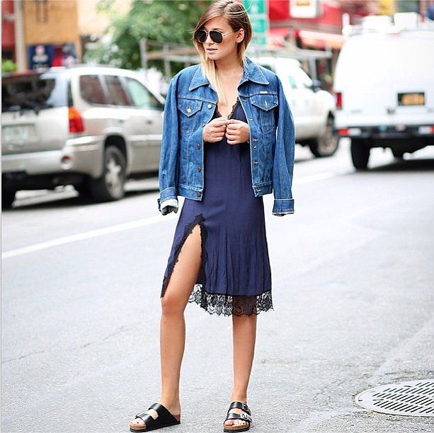 Throw on a denim jacket over your slip dress and pair it with sneakers or berkinstocks. Pic: thefashiontag.wordpress.com