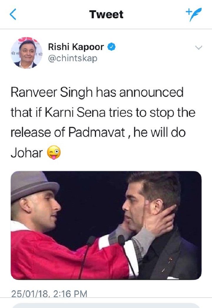 Rishi Kapoor's tweet on Ranveer and Karan