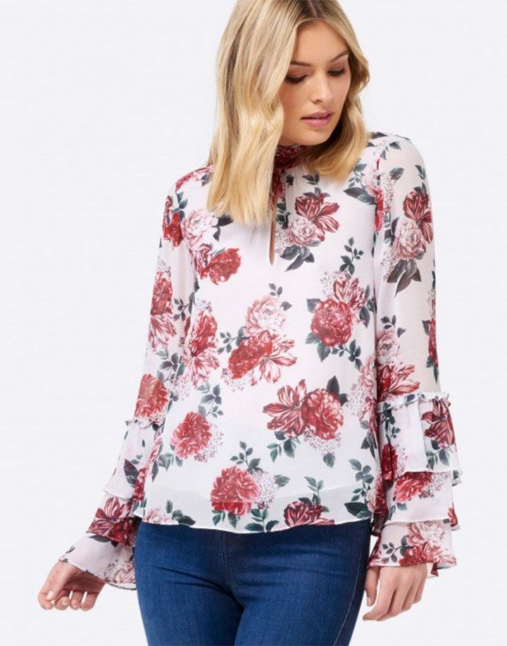 Elora High Neck Tiered Sleeve Blouse | Image Source: www.forevernew.co.in