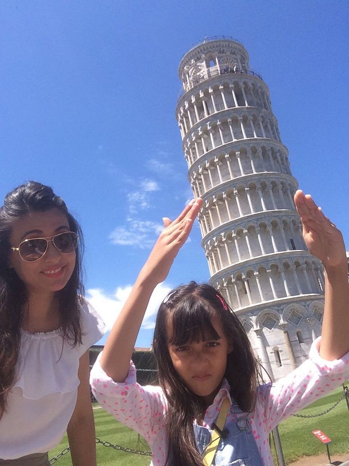 Mini Mathur and Sairah at the Leaning tower of Pisa (Mini Me)