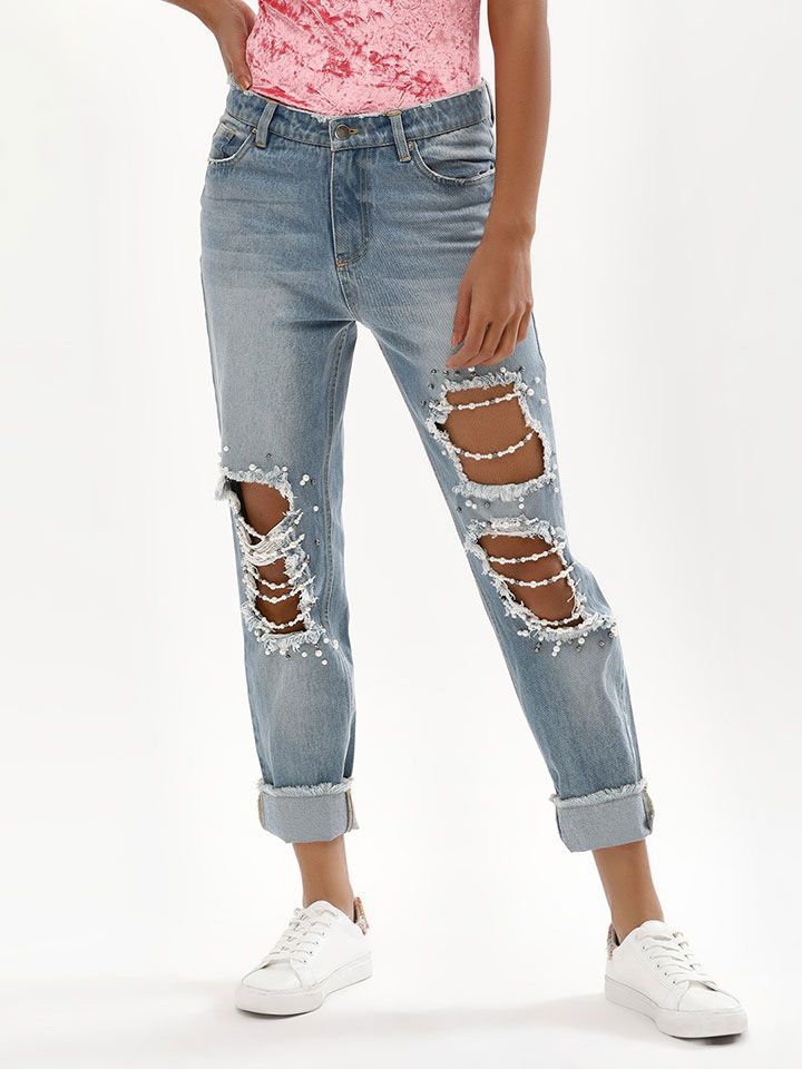 Pearl embedded ripped jeans from KOOVS.COM