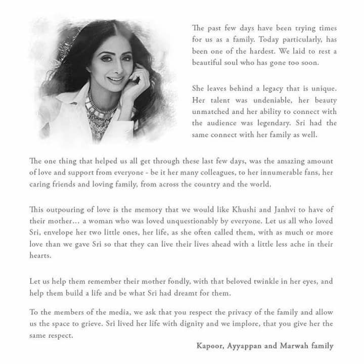 Sridevi's family releases an official statement