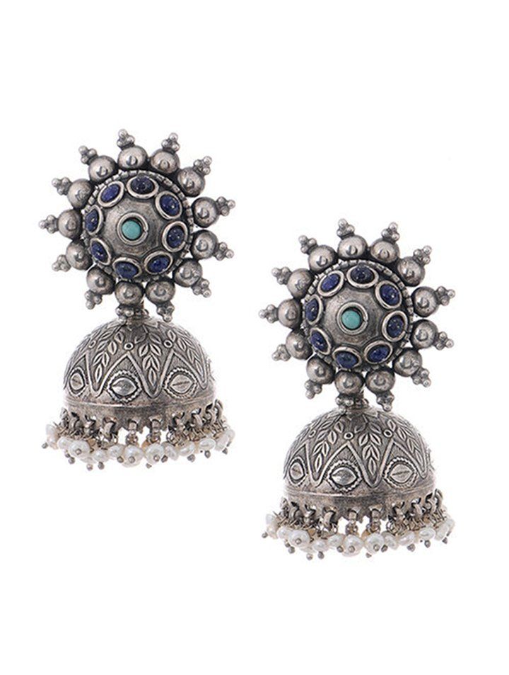Blue-Turquoise Silver Jhumkis with Pearls (Source: www.jaypore.com)