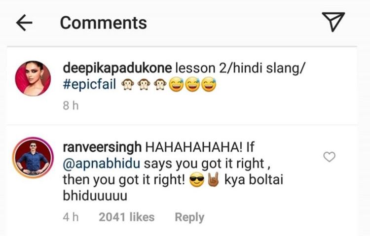 Ranveer Singh's comment on Deepika Padukone's video