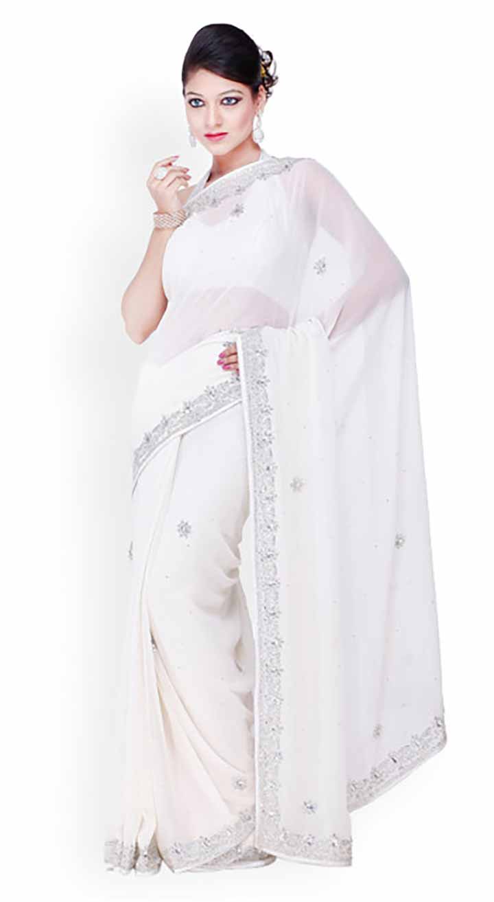 White Embroidered Chiffon Sari | Image Source: www.myntra.com