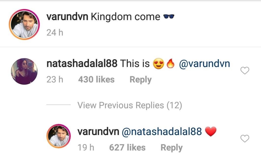 Natasha Dalal's comment on Varun Dhawan's Instagram | Source: @varundvn Instagram
