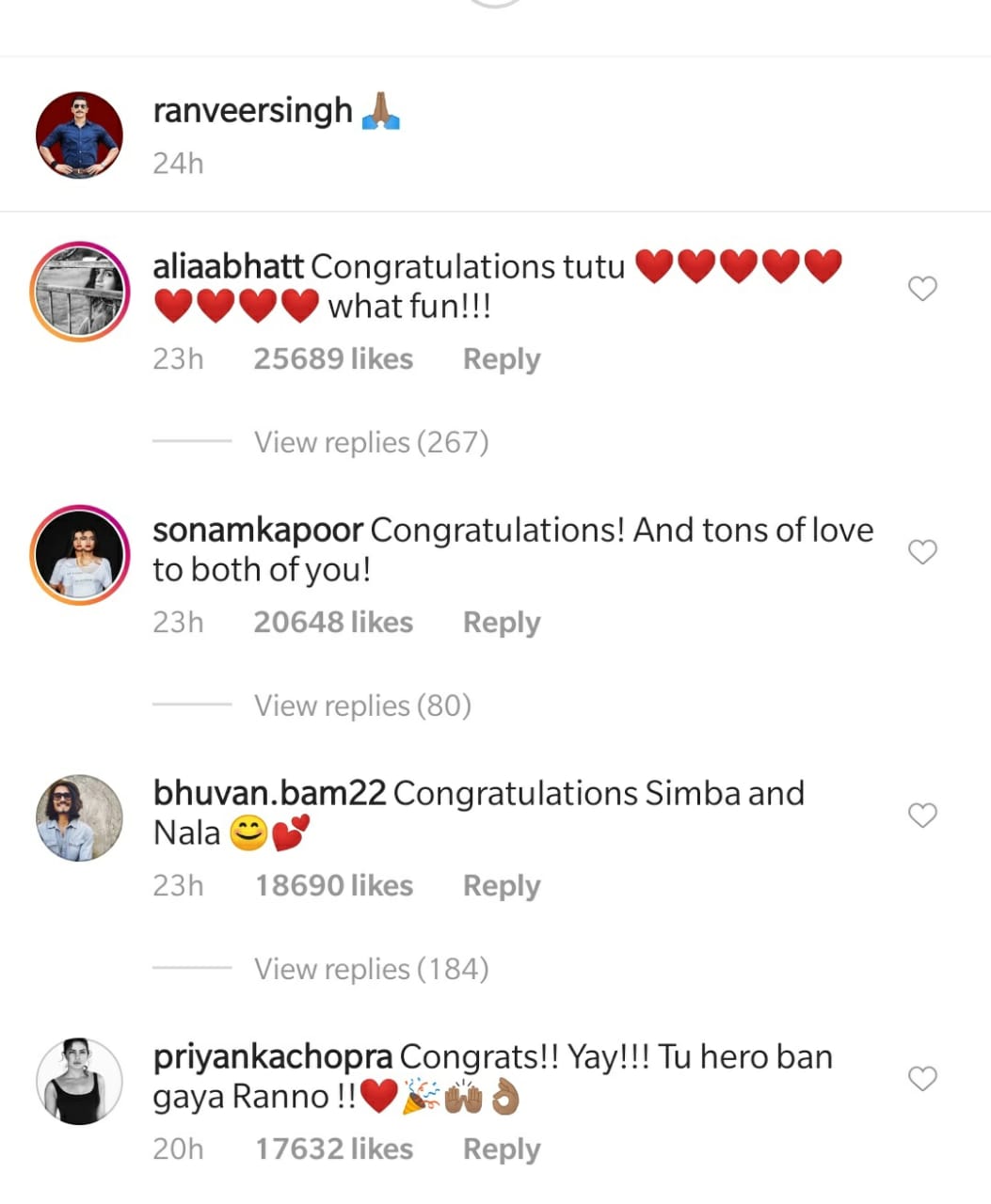 Priyanka Chopra's comment on Ranveer Singh's post