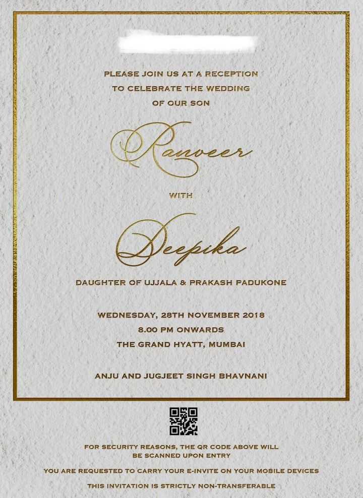 Deepika Padukone & Ranveer Singh Reception Invite
