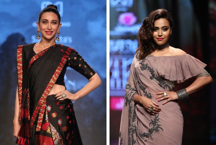 Karisma Kapoor & Swara Bhasker Wore Two Contrasting Styles Of Sarees On The Runway