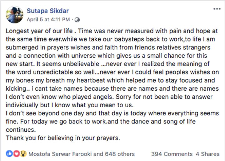 Sutapa Sikdar's Note (Source: Facebook | Sutapa Sikdar)