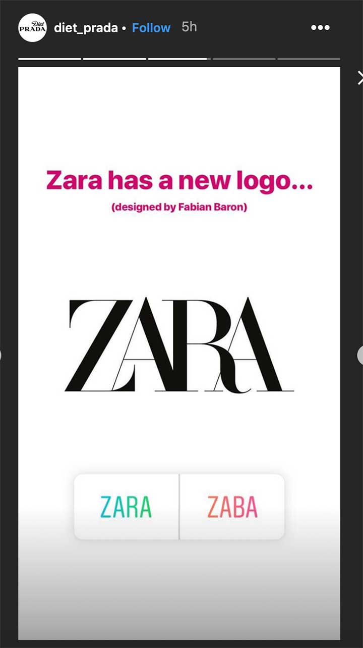 Diet Prada on ZARA's new logo (Source: Instagram Story)