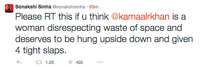 Sonakshi Sinha's reply to Kamaal R Khan (Source: Twitter)