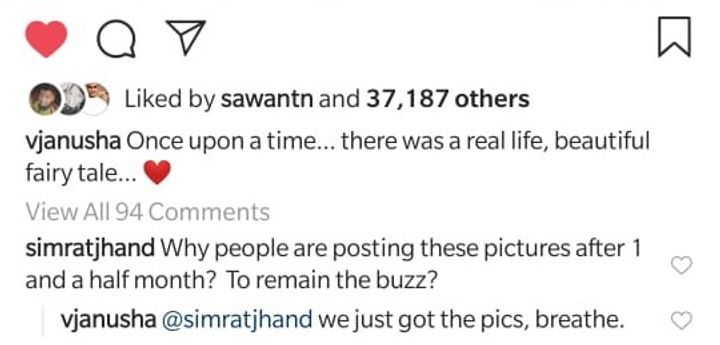 Comment on Anusha Dandekar's Instagram post (Source: @vjanusha)