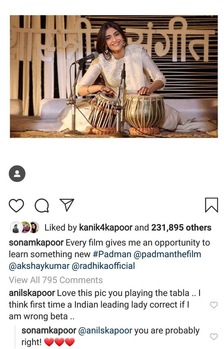 Anil Kapoor's comment on SOnam Kapoor's post (Source: Instagram | @sonamkapoor)