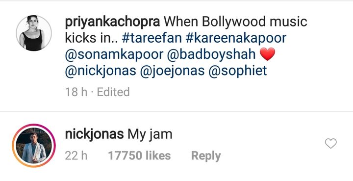 Nick Jonas' comment (Source: Instagram | @priyankachopra)