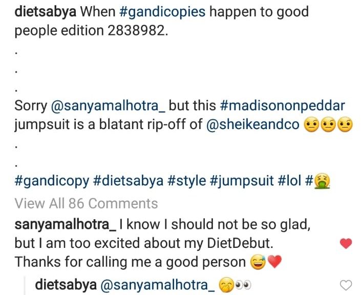 Sanya Malhotra's comment (Source: Instagram | @dietsabya)