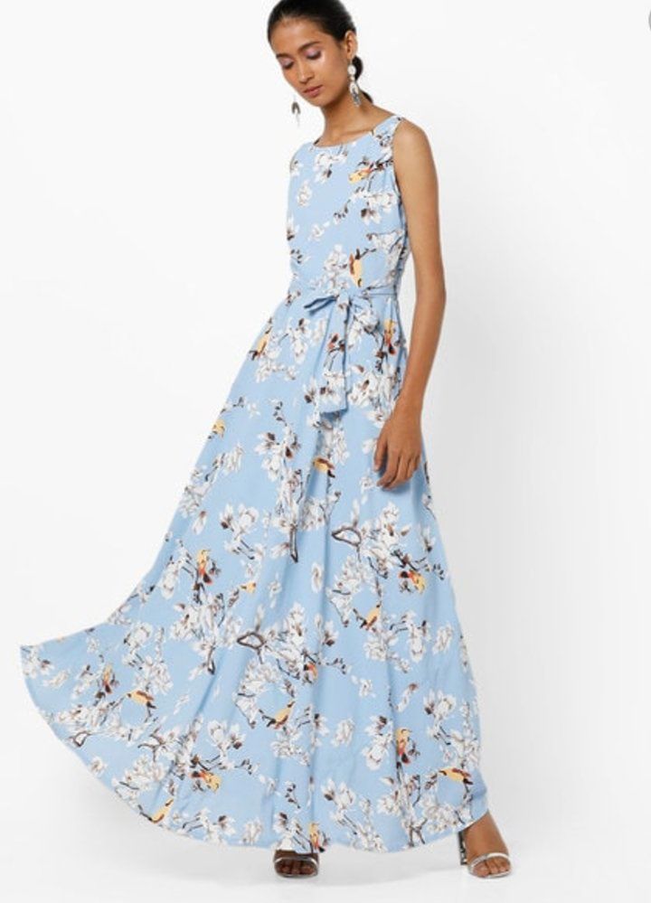 Sleeveless Floral Print Maxi Dress with Fabric Belt (Source: www.ajio.com)