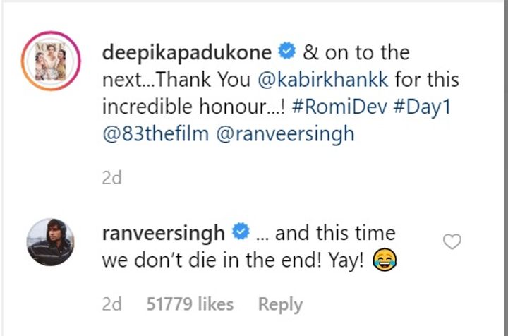 Ranveer Singh's Comment on Deepika Padukone's Instagram post (Source: Instagram | @deepikapadukone)