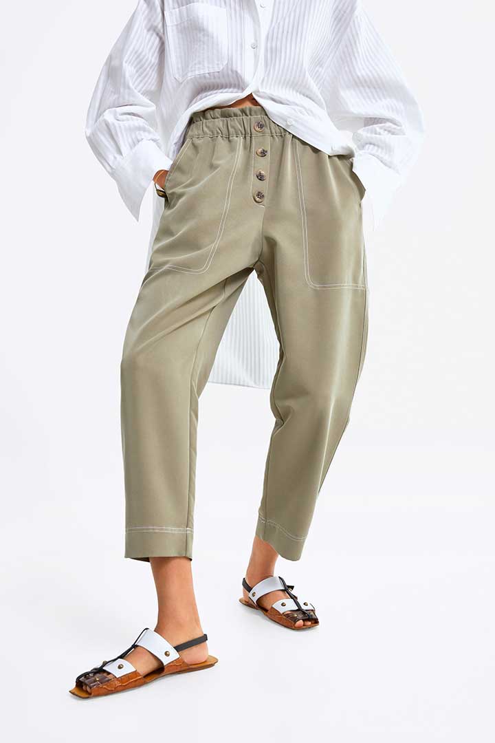 Slouchy Buttoned Trousers Printed Trousers and Top (Source: zara.com)