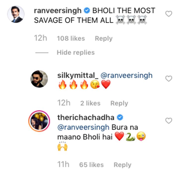Ranveer Singh's comment on Richa Chadda's post (Source: Instagram | @therichachadda) 