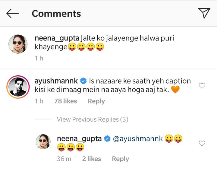 Ayushmann Khurrana's comment on Neena Gupta's post (Source: Instagram | @neena_gupta)
