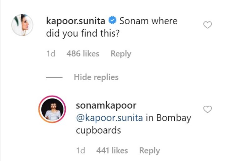 Sunita Kapoor's comment on Sonam Kapoor's post (Source: Instagram | @sonamkapoor)