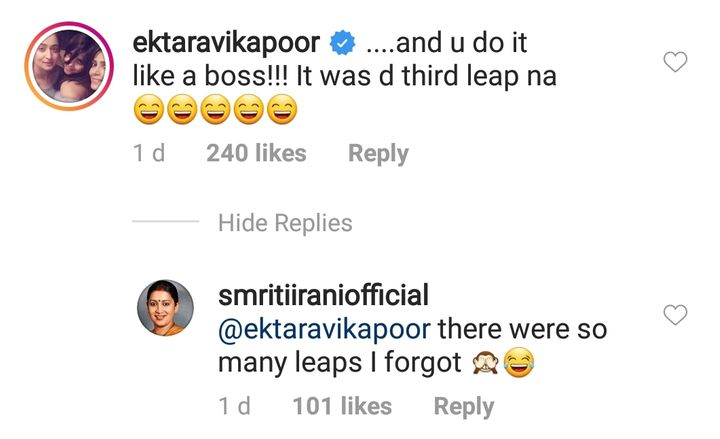 Ekta Kapoor's comment on Smriti Irani's Instagram post (Source: Instagram | @smritiirani)
