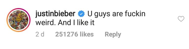 Justin Bieber's comment  (Source: Instagram| @shawnmendes)
