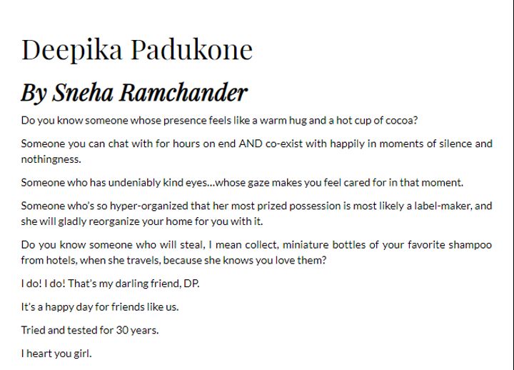 Sneha Ramachander's letter for Deepika Padukone (Source: deepikapadukone.com)