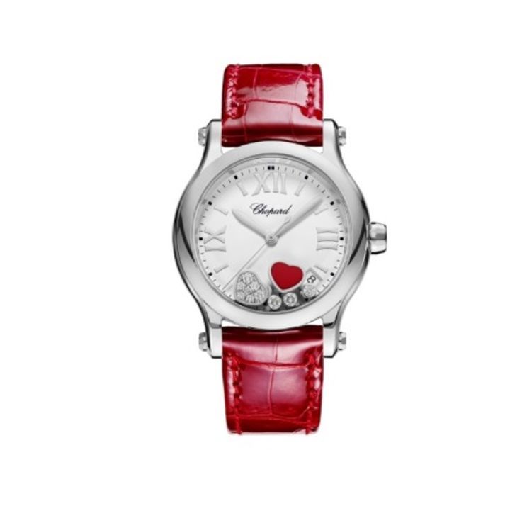 Chopard Happy Hearts, 36 MM, Quartz, Stainless Steel, Diamonds, Stabilized Red (Source: www.chopard.com)