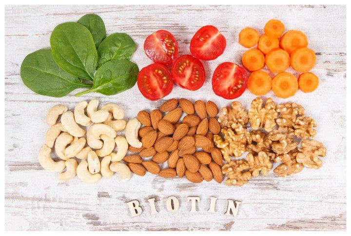 Inscription biotin with nutritious products containing vitamin B7 by ratmaner | (Source: www.shutterstock.com)