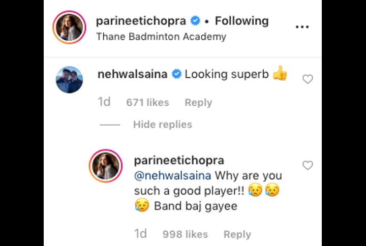 Saina Nehwal's comment on Parineeti's picture (Source: Instagram | @parineetichopra)
