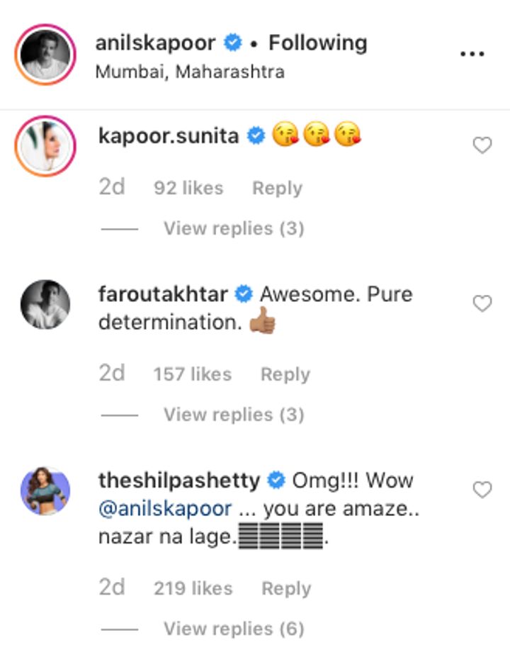 Comments on Anil Kapoor's video (Source: Instagram | @anilskapoor)