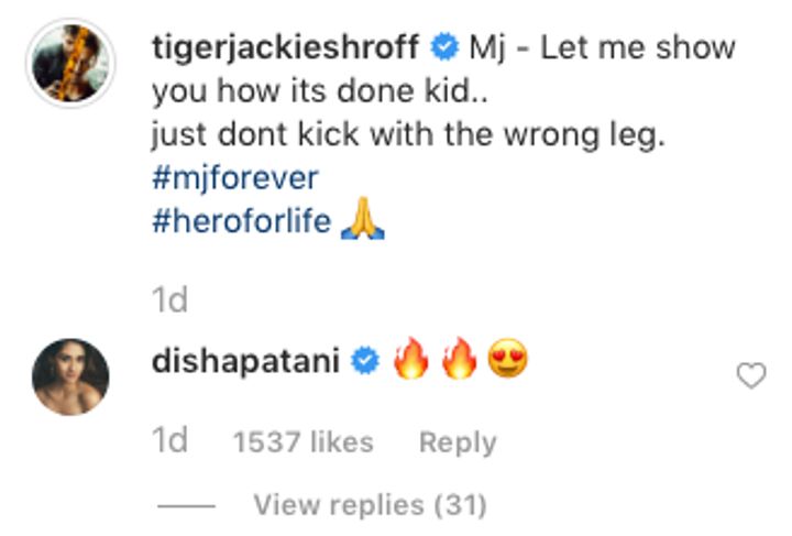 Disha Patani's comment on Tiger Shroff's video (Source: Instagram | @tigerjackieshroff)