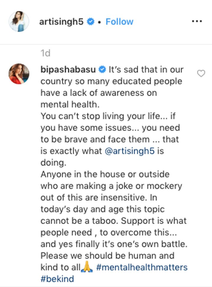 Bipasha Basu's comment on Arti Singh's post (Source: Instagram | @artisingh5)