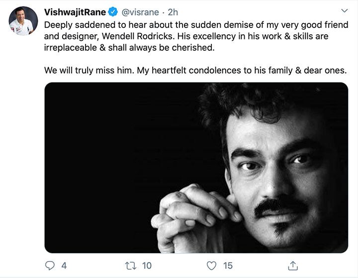 Vishwajit Rane Shares His Condolences For Wendell Rodricks (Source: Twitter | @@smritiirani)