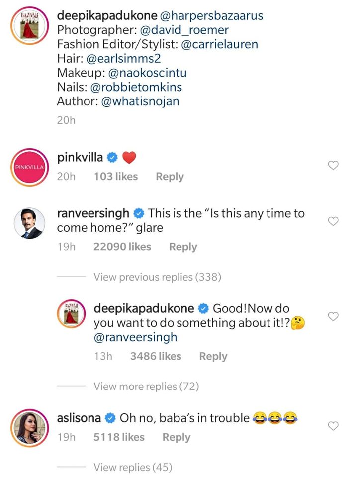 Ranveer Singh's comment on Deepika Padukone's picture (Source: Instagram | @deepikapadukone)