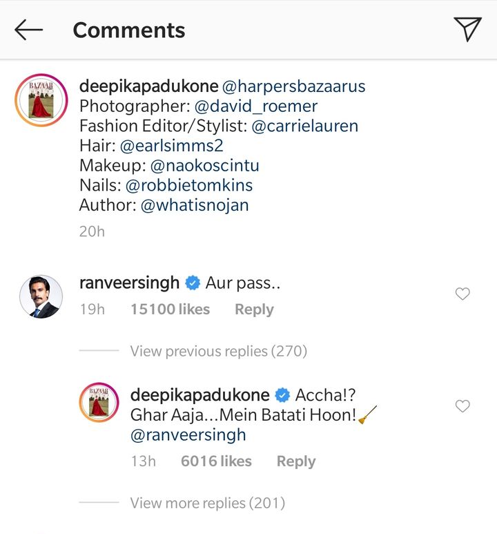 Ranveer Singh's comment on Deepika Padukone's picture (Source: Instagram | @deepikapadukone)