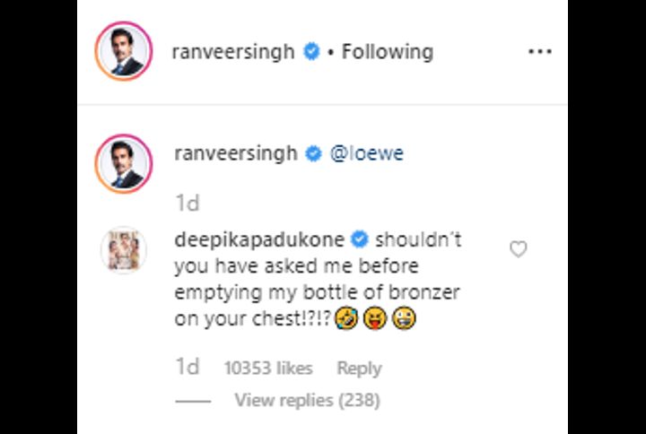 Deepika's comment on Ranveer Singh's post (Source: Instagram | @ranveersingh)