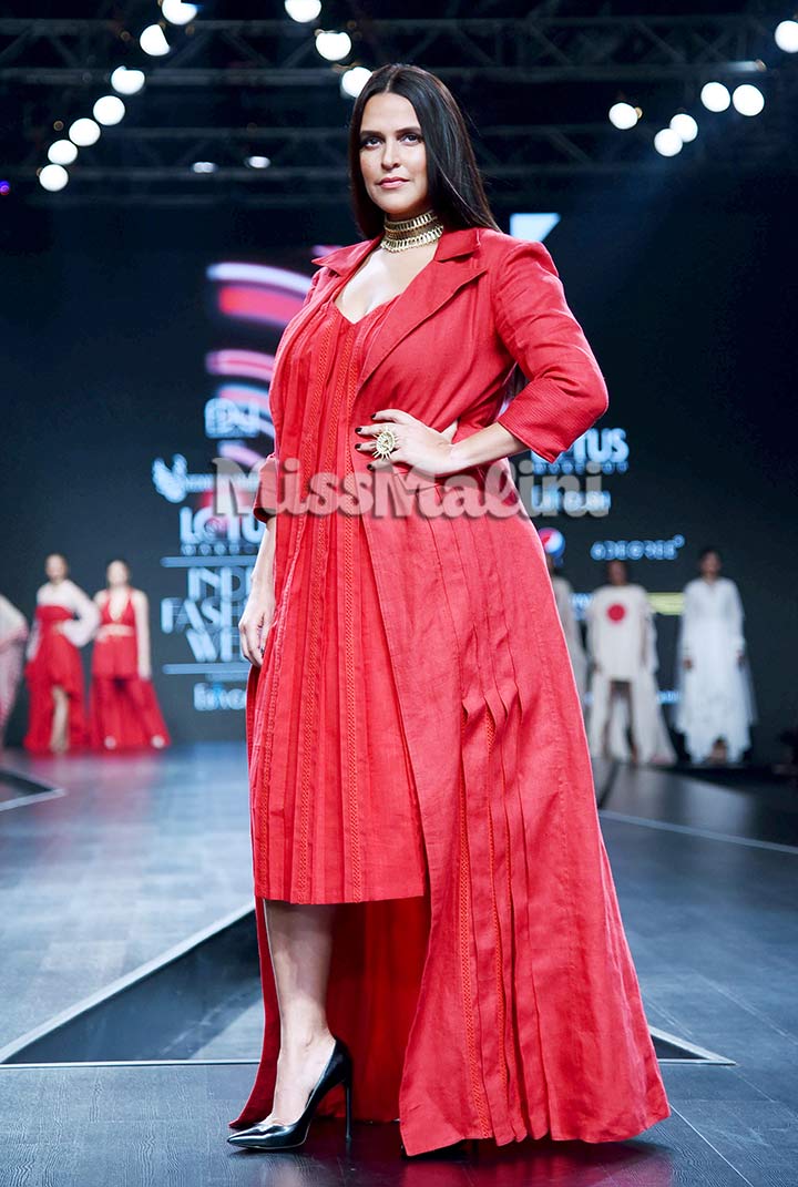Neha Dhupia for Nidhika Shekhar at Lotus Makeup India Fashion Week Spring Summer 2020 in Delhi | Source: Yogen Shah